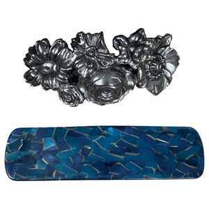 Made in France Pewter Floral Oversized Barrette Blue Gold Hair Clip Lot of 2